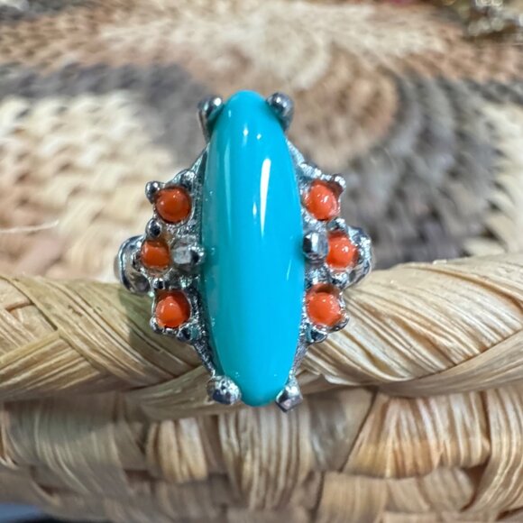 Jewelry - Vintage Silver Ring With Turquoise & Coral Gemstones Size 6 - 18KHGE Marked